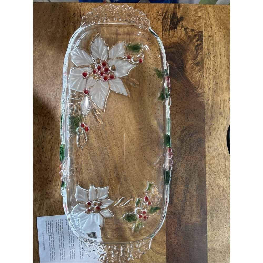 Mikasa Holiday Bloom Glass Canape Tray Poinsettias Handles Includes Original Box